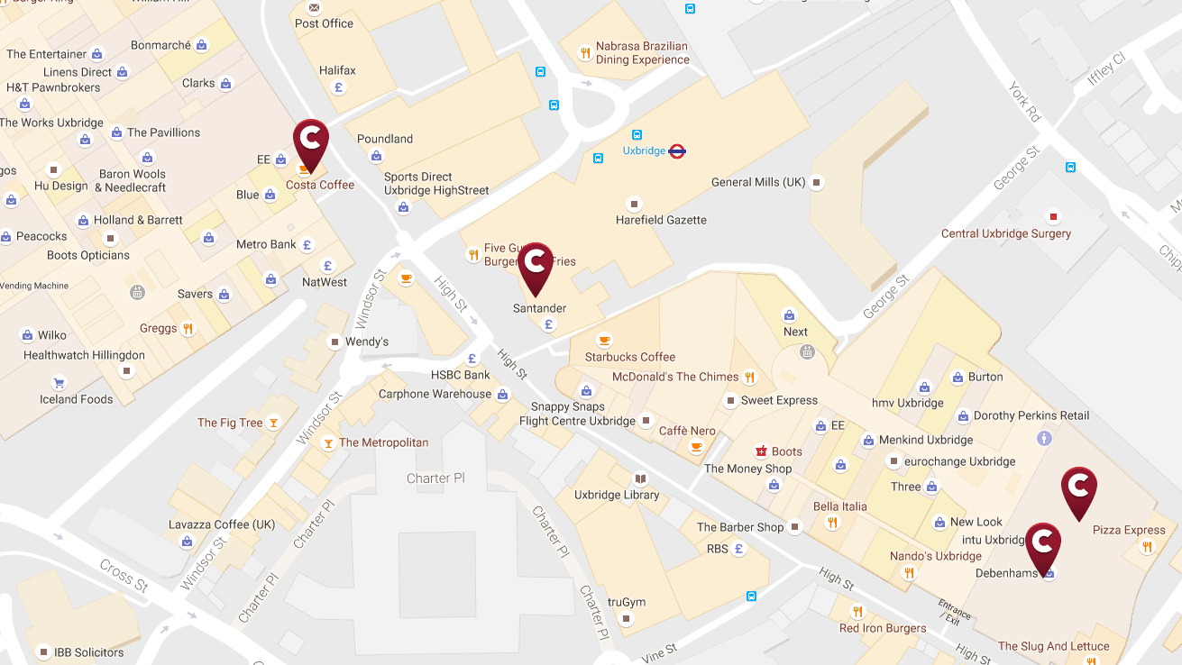 Map of Costa coffee locations in Uxbridge